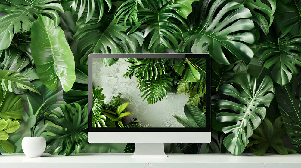 Monitor with plants in the background